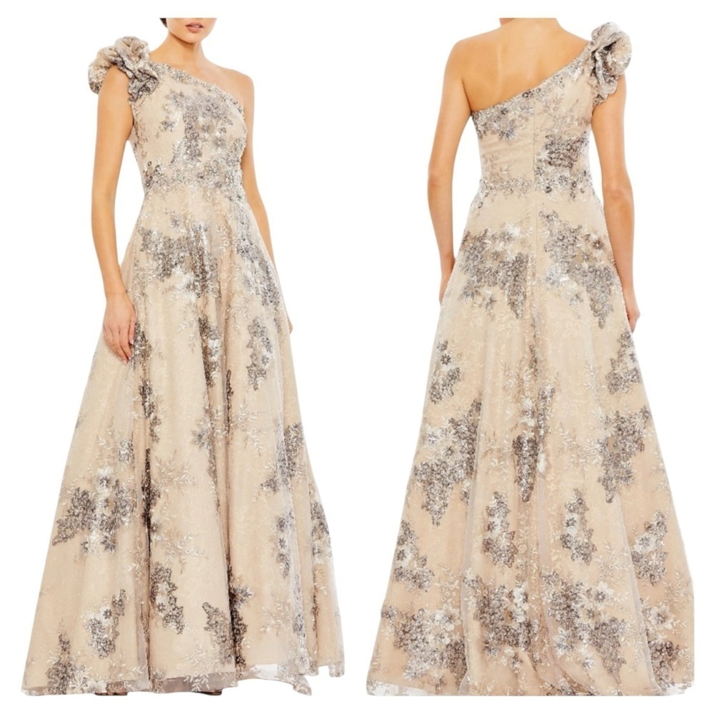 Mac Duggal One-Shoulder Sequin Lace Gown w Pockets NWT
